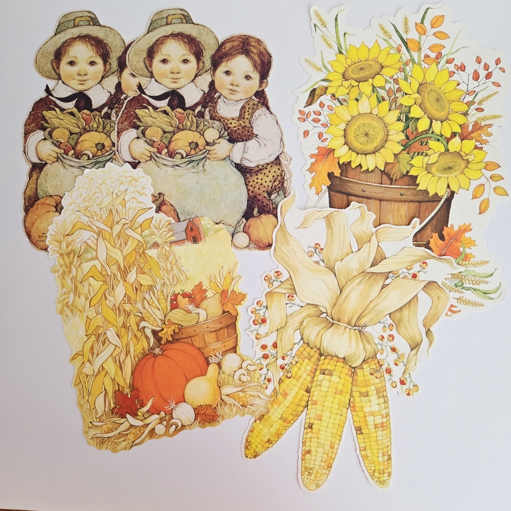 Vintage Thanksgiving Fall Die Cut Paper Wall Decorations Pilgrims Corn Lot of 5